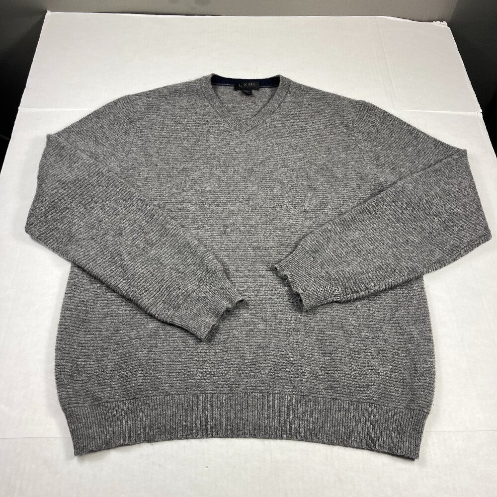 LXRI Mens Cashmere V Neck Sweater XL Gray Classic Luxury Soft Knit Work Pullover